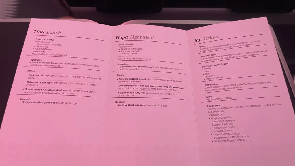 Air New Zealand Premium Economy Food Menu